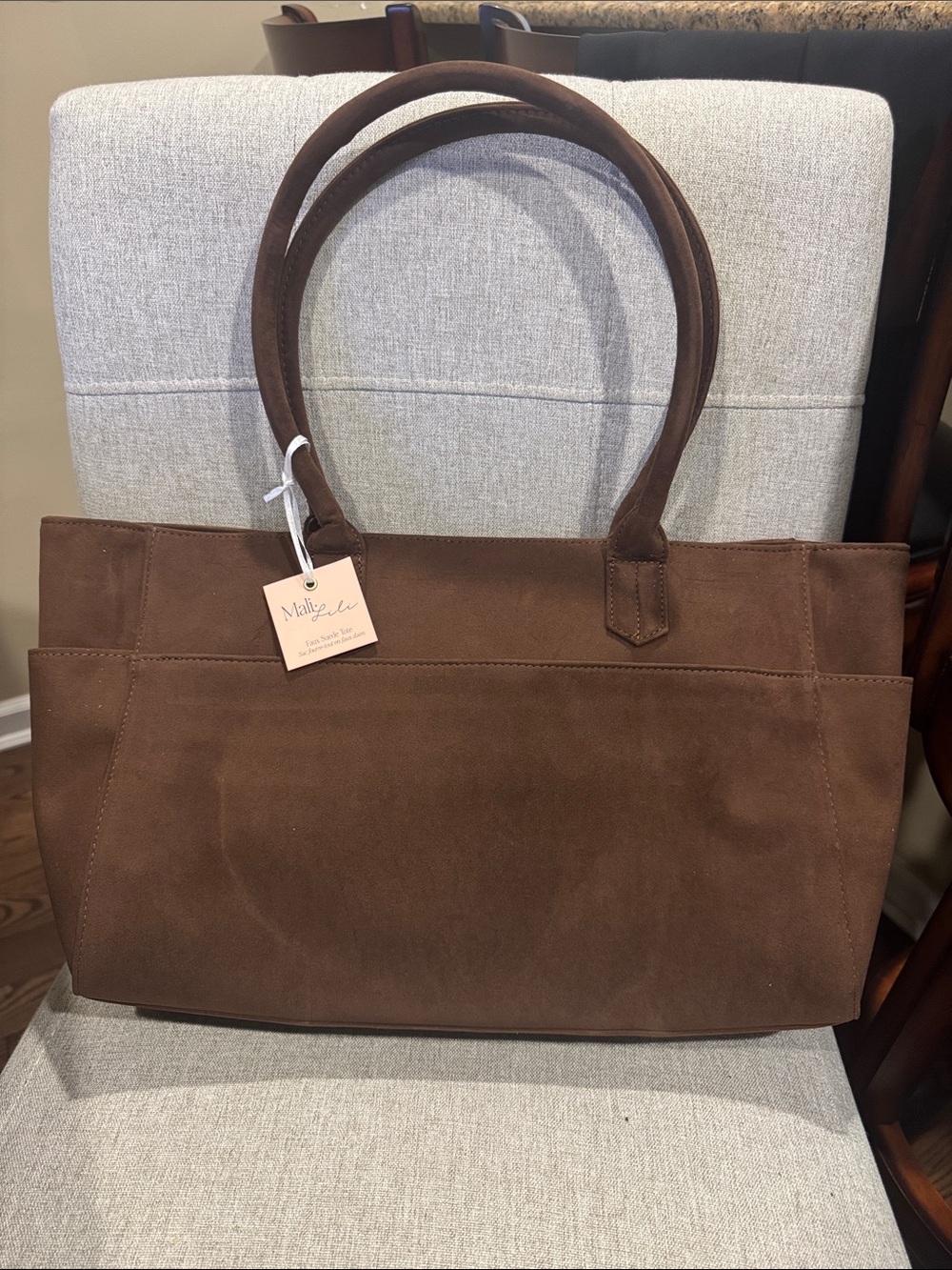 Mali+Lili Brown Faux Suede Tote Bag with Double Top Handles And Pockets. NWT